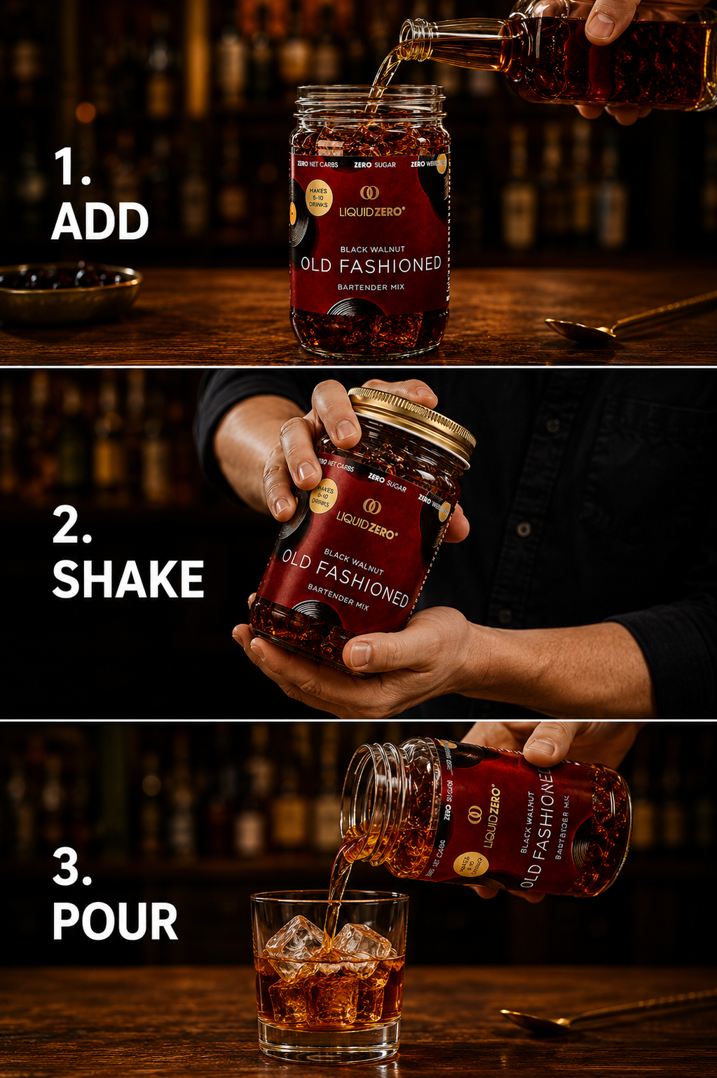 How it works: LiquidZERO cocktail mixer jar prepared with bourbon, water and ice