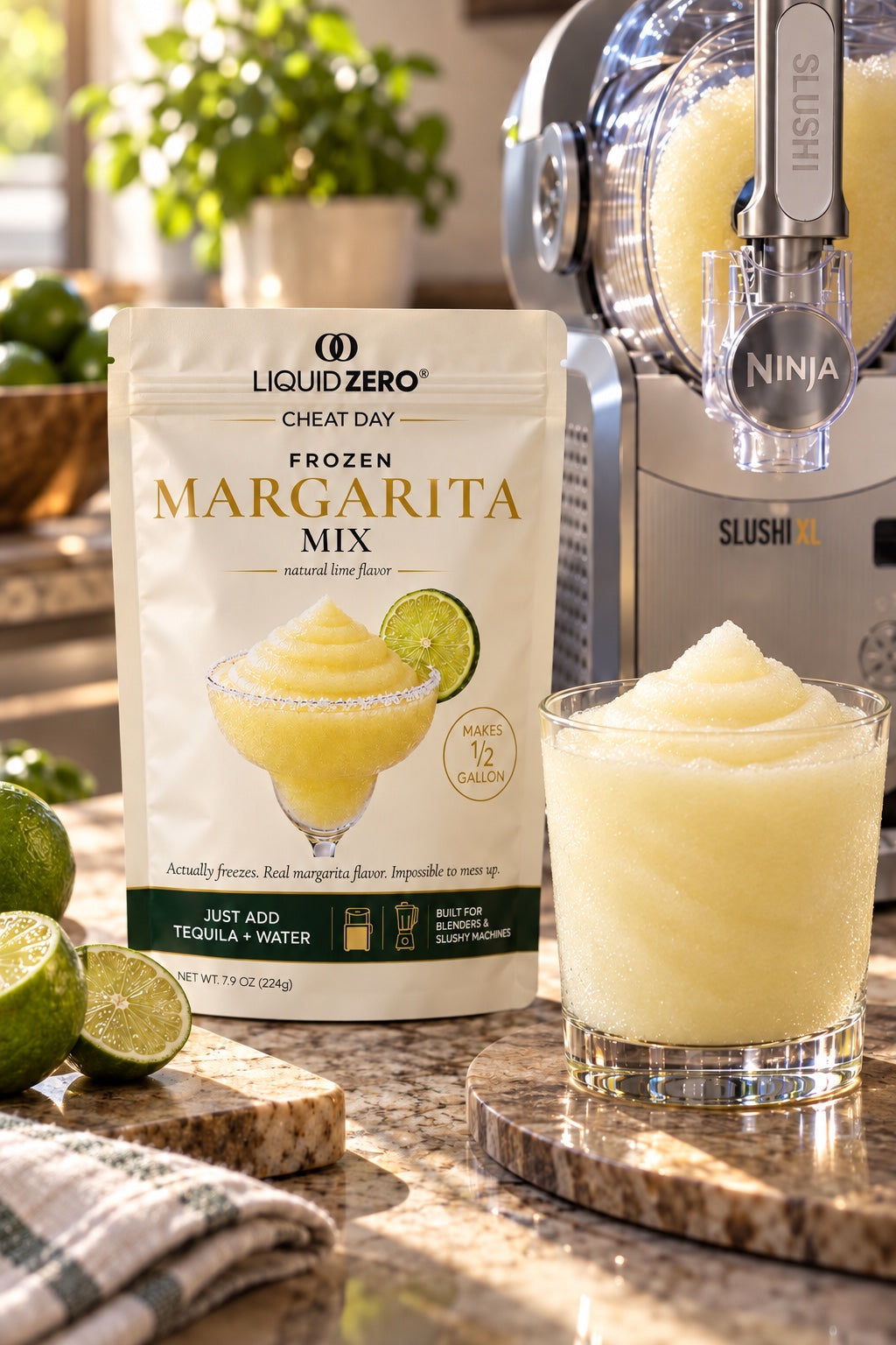 Smooth restaurant-style frozen margarita beside a Ninja SLUSHi machine