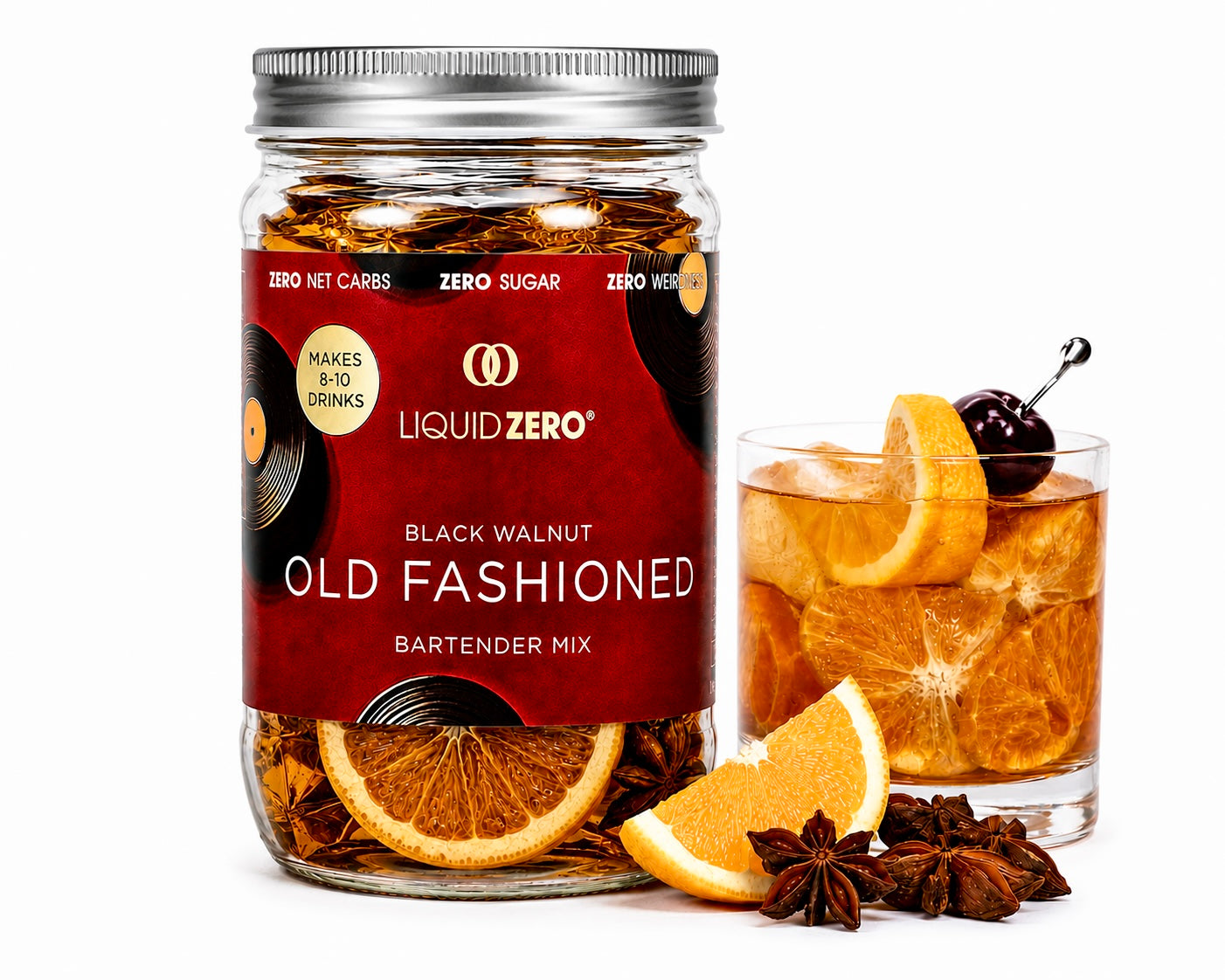 LiquidZERO Black Walnut Old Fashioned shaker jar beside a finished cocktail